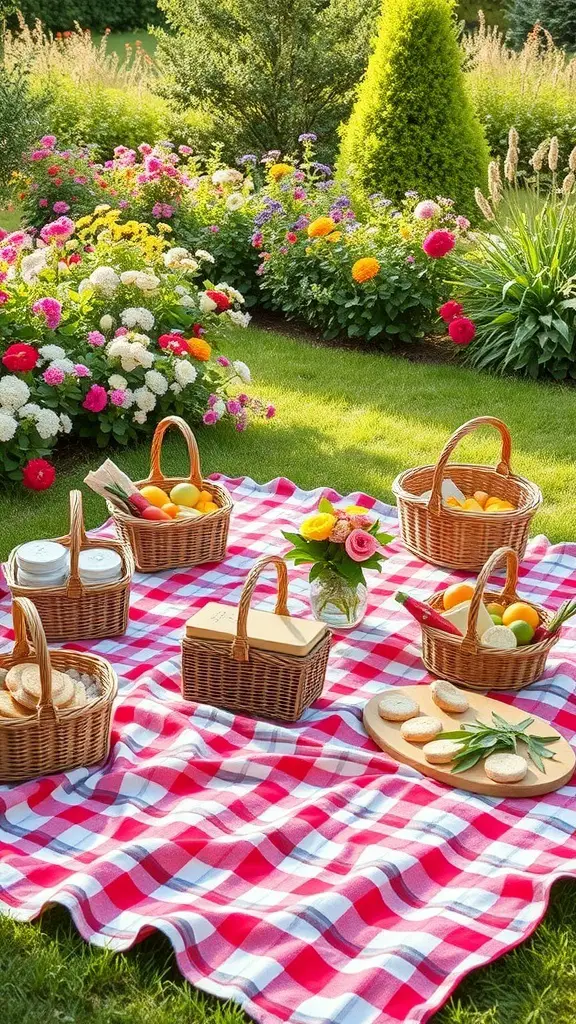 A charming garden picnic setup with a checkered blanket, baskets of fruits, and colorful flowers.
