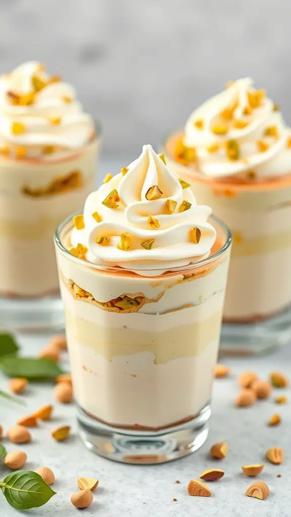 Three pistachio pudding parfaits topped with whipped cream and crushed pistachios.