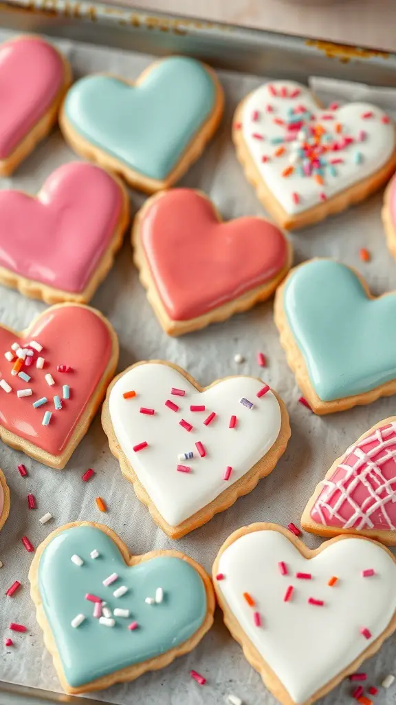 A tray of heart-shaped cookies with colorful icing and sprinkles.