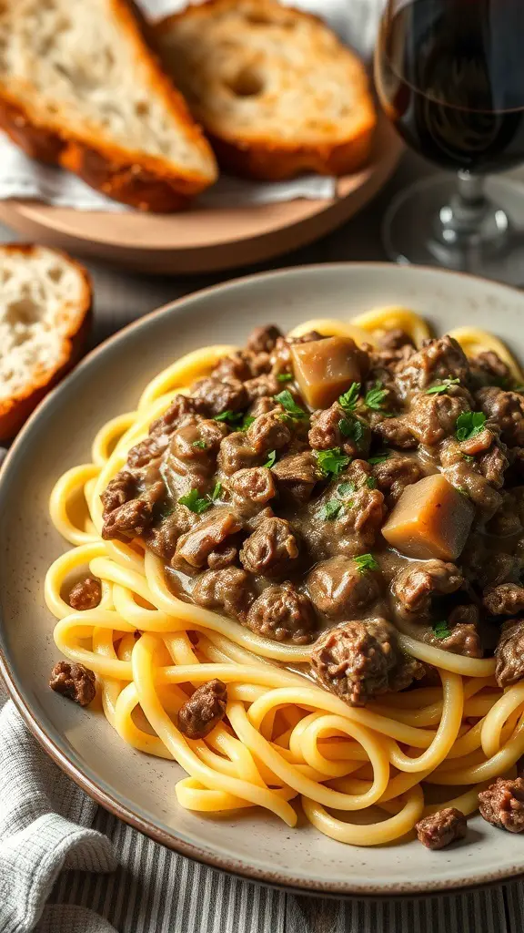 A plate of Beef Stroganoff with noodles, garnished with parsley, alongside bread and a glass of red wine.