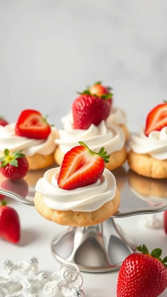 Sugar cookies with whipped cream frosting and strawberries on a silver platter.
