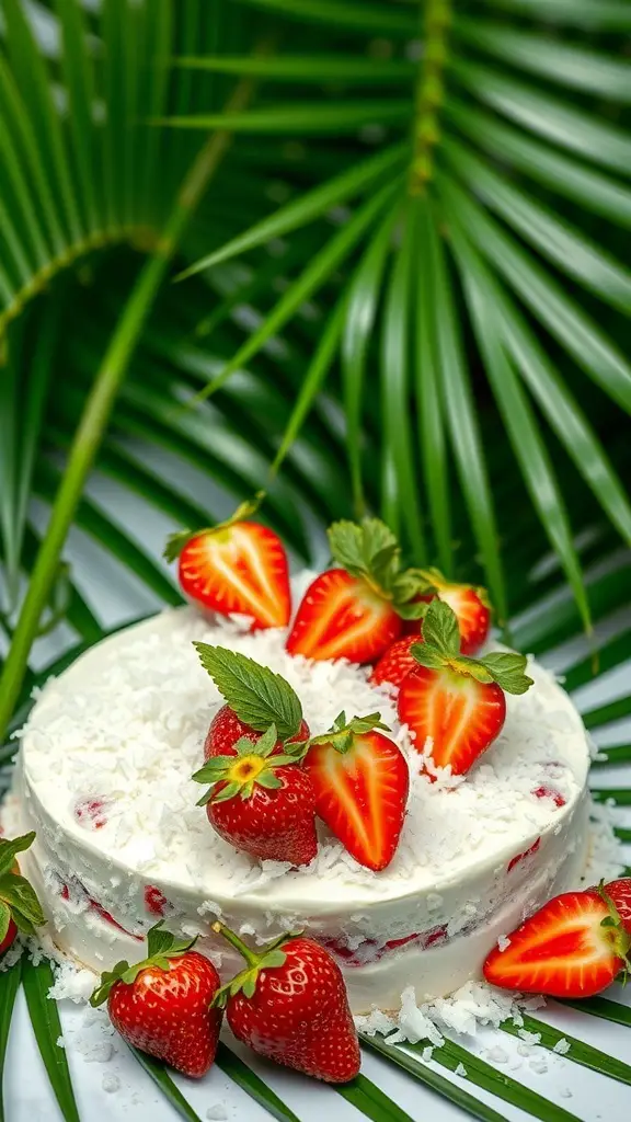 A Coconut Strawberry Poke Cake topped with fresh strawberries and shredded coconut, surrounded by green leaves.