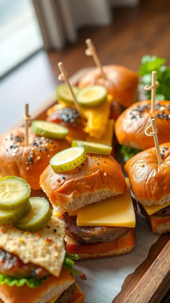 A variety of savory sliders with gourmet toppings, including pickles and cheese, arranged on a wooden platter.