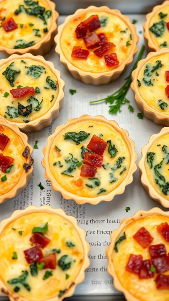 A tray of mini quiches with assorted fillings, including spinach and bacon, displayed on a table.