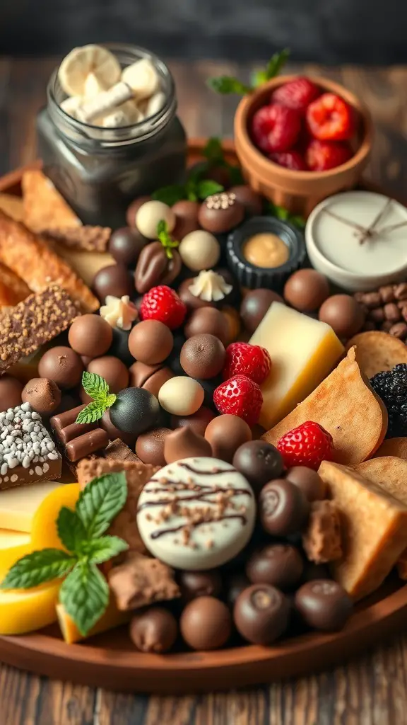 A large charcuterie board featuring chocolates, fruits, and cheeses.