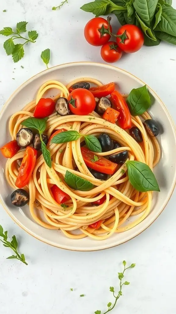 A bowl of gluten-free pasta primavera with cherry tomatoes, bell peppers, black olives, and fresh basil.