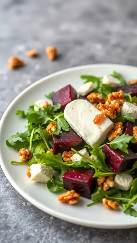 A plate of roasted beet and goat cheese salad with arugula and walnuts.