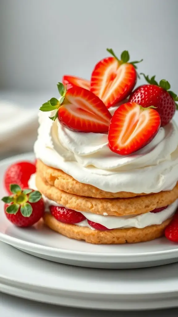 A delicious strawberry shortcake topped with fresh strawberries and whipped cream.