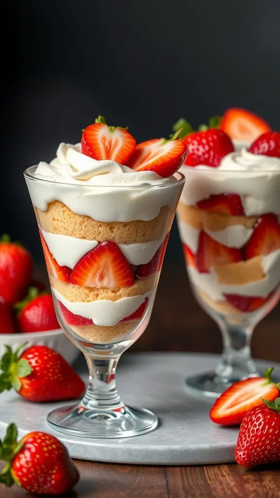 Delicious strawberry shortcake trifles in clear glasses, topped with fresh strawberries.