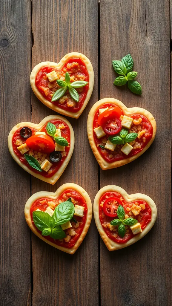 Mini heart-shaped pizzas topped with tomato sauce, cheese, and fresh ingredients on a wooden table.