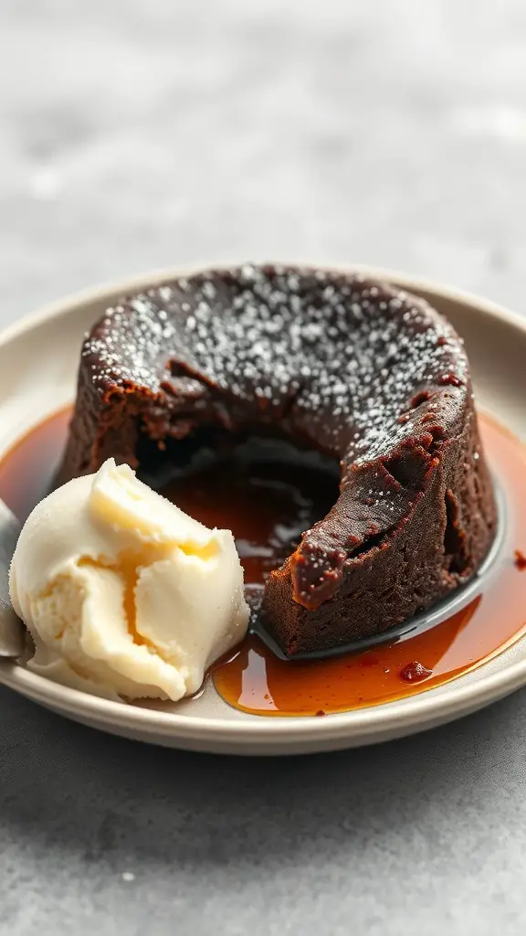 A delicious chocolate lava cake with a scoop of vanilla ice cream on a plate.