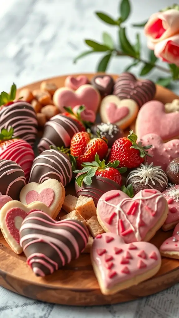 Heart-shaped charcuterie board filled with various sweet treats including chocolate-covered strawberries, heart-shaped cookies, and chocolate truffles.