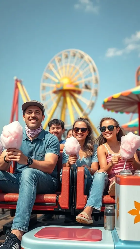 Group of friends enjoying cotton candy at an amusement park