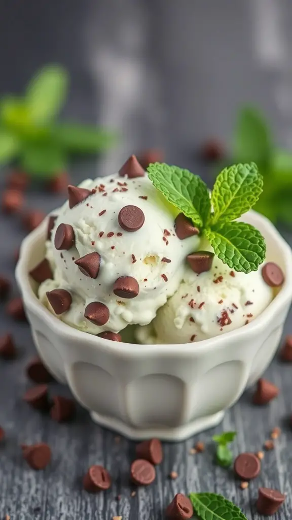 Minty Chocolate Chip Ice Cream in a bowl with chocolate chips and mint leaves