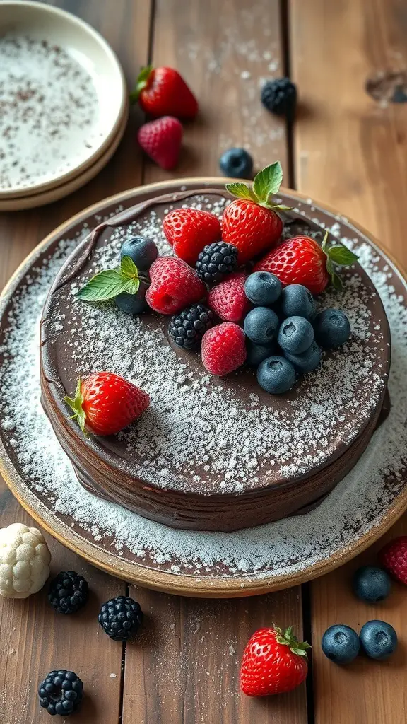 Flourless chocolate cake topped with strawberries, blueberries, and blackberries on a wooden table.