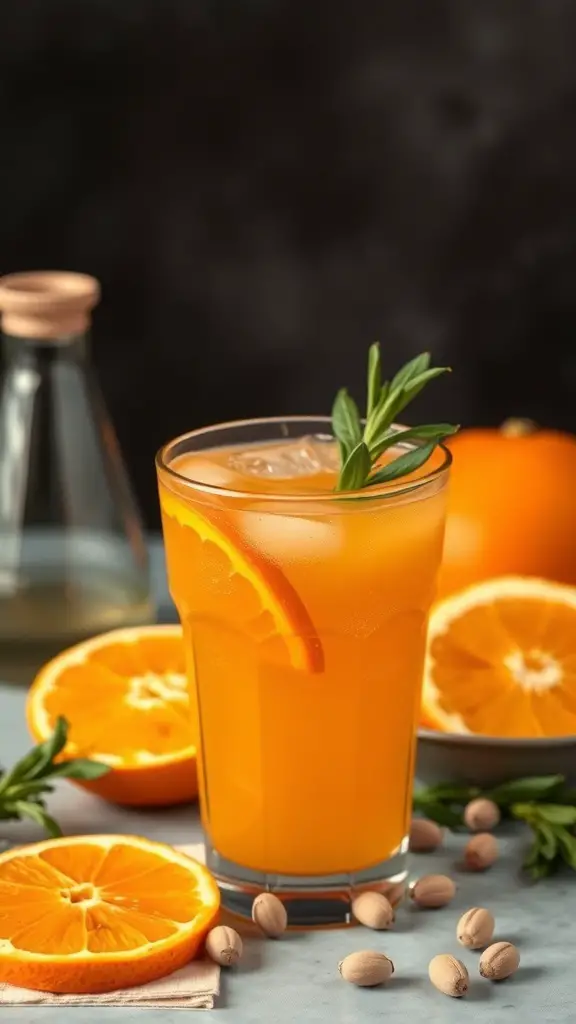 A refreshing Orange Cardamom Spritz mocktail with ice, garnished with an orange slice and rosemary, surrounded by fresh oranges and pistachios.
