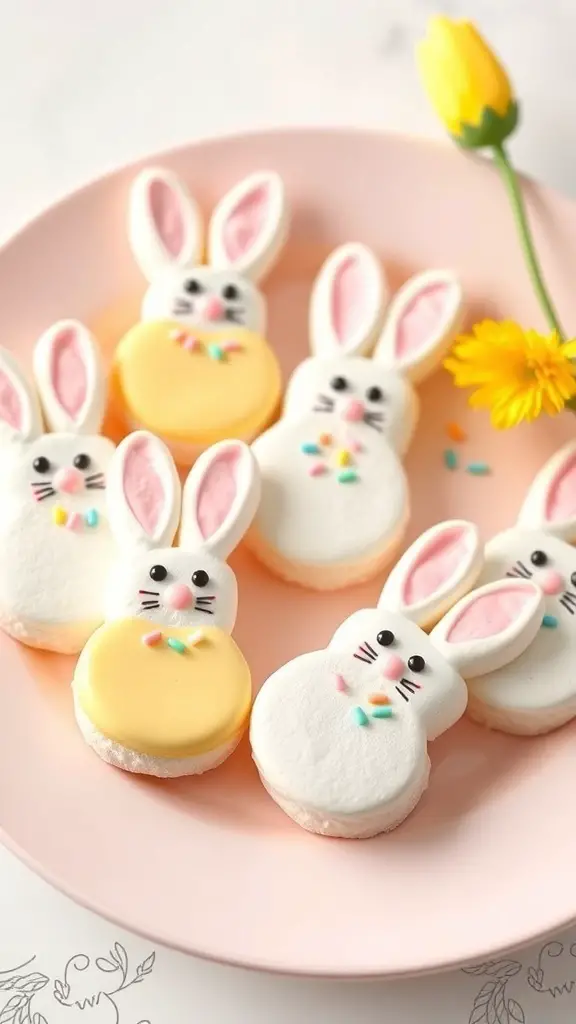 A plate of cute marshmallow bunny treats decorated with icing and sprinkles.