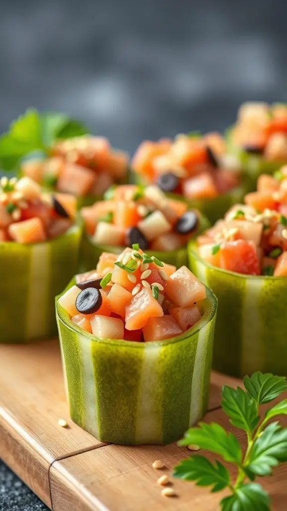 Cucumber cups filled with colorful tuna tartare, garnished with sesame seeds and olives.