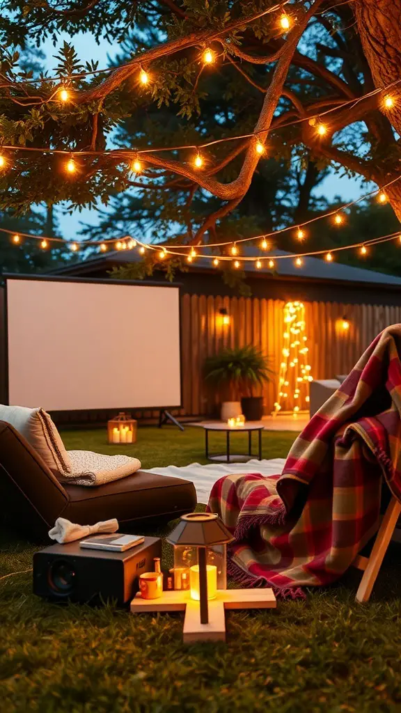 Outdoor movie setup with lights, projector, and cozy seating