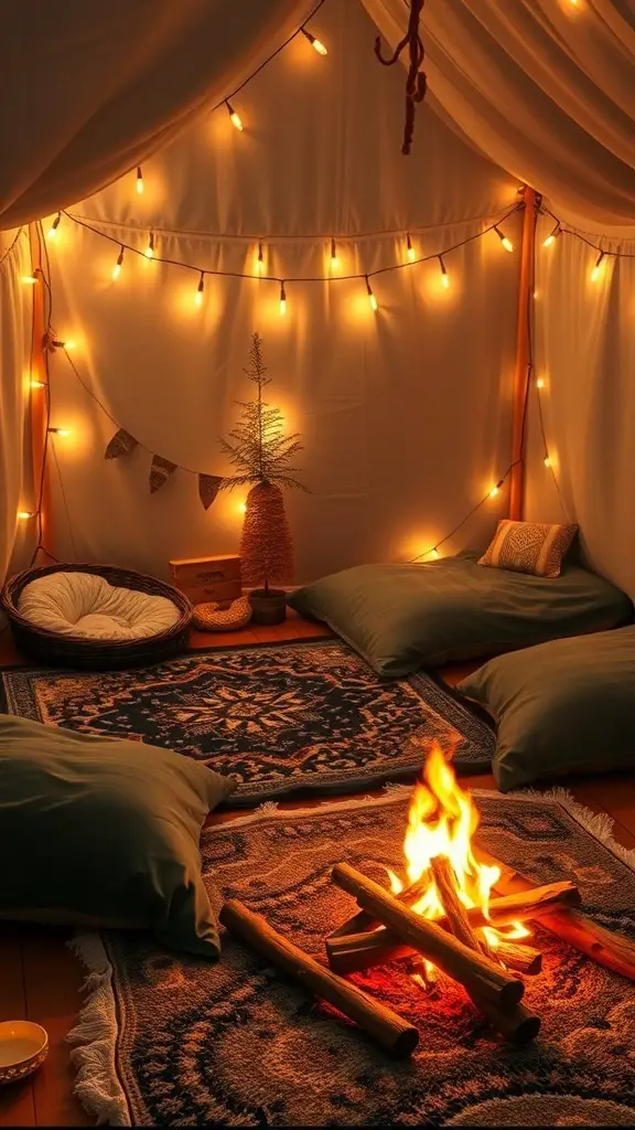 Cozy camping theme sleepover setup with pillows, lights, and a small fire