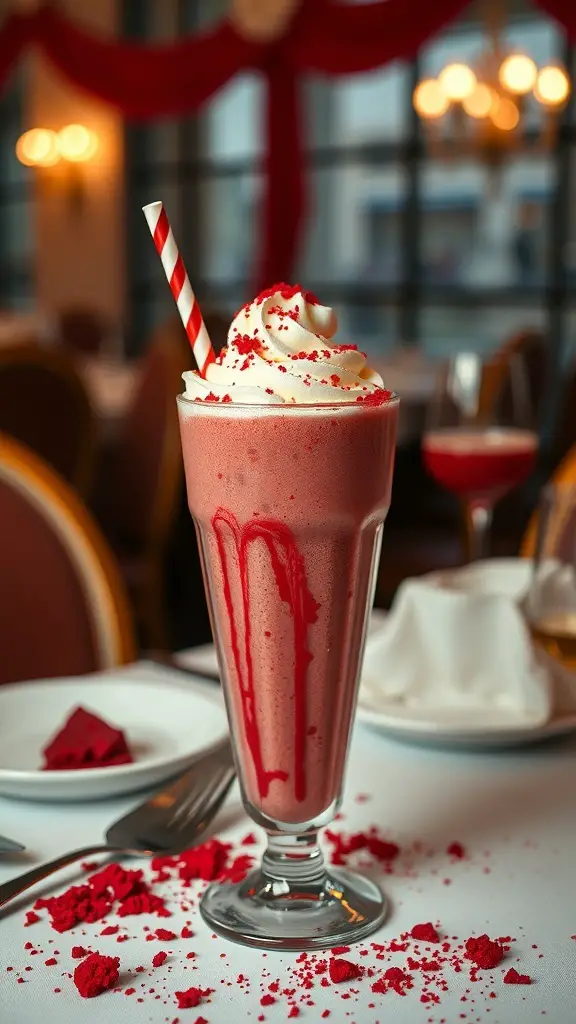 A delicious Red Velvet Milkshake topped with whipped cream and red velvet crumbs, served in a tall glass with a straw.