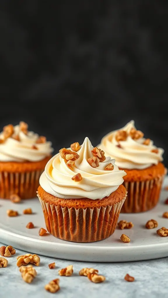 Carrot cake heart cupcakes with cream cheese swirl and chopped nuts on top.