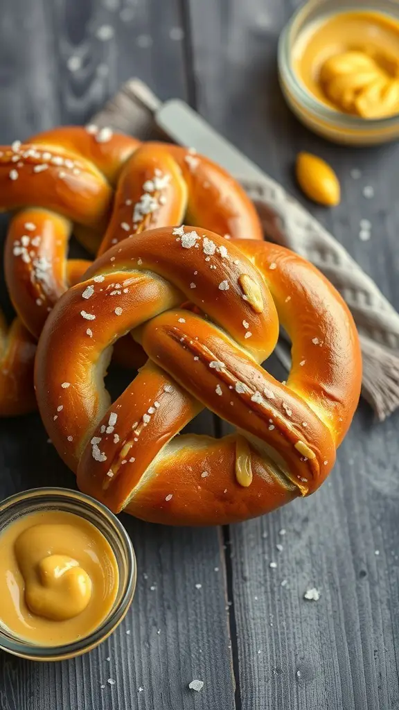 Celtic knot shaped pretzels with a side of cheese dip