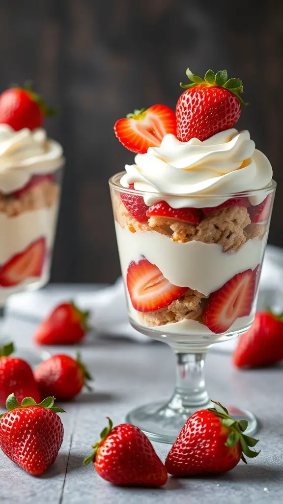 Delicious strawberry shortcake parfaits with layers of strawberries, whipped cream, and cake.
