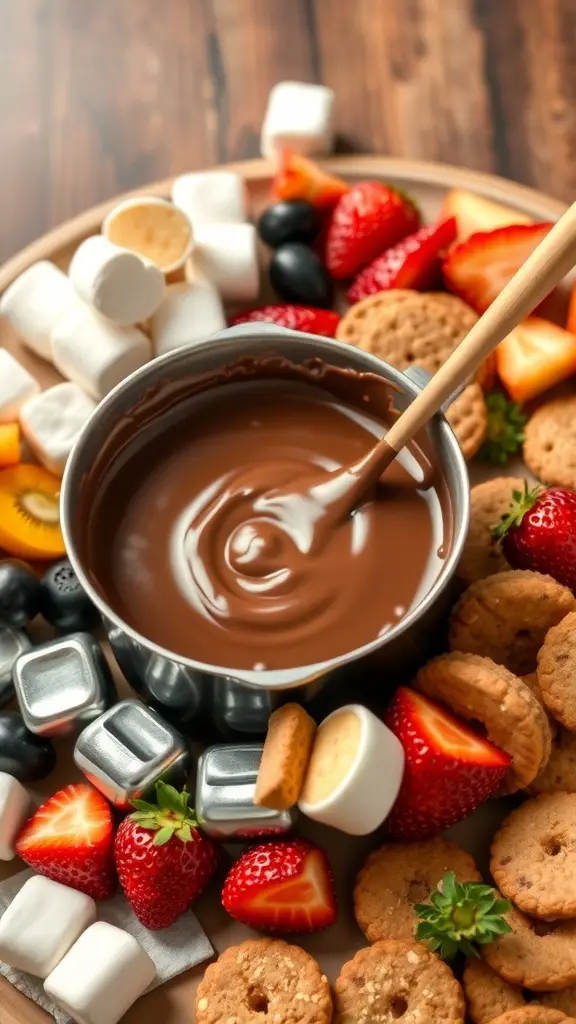 A delicious chocolate fondue pot surrounded by various dippables like fruits, cookies, and marshmallows.