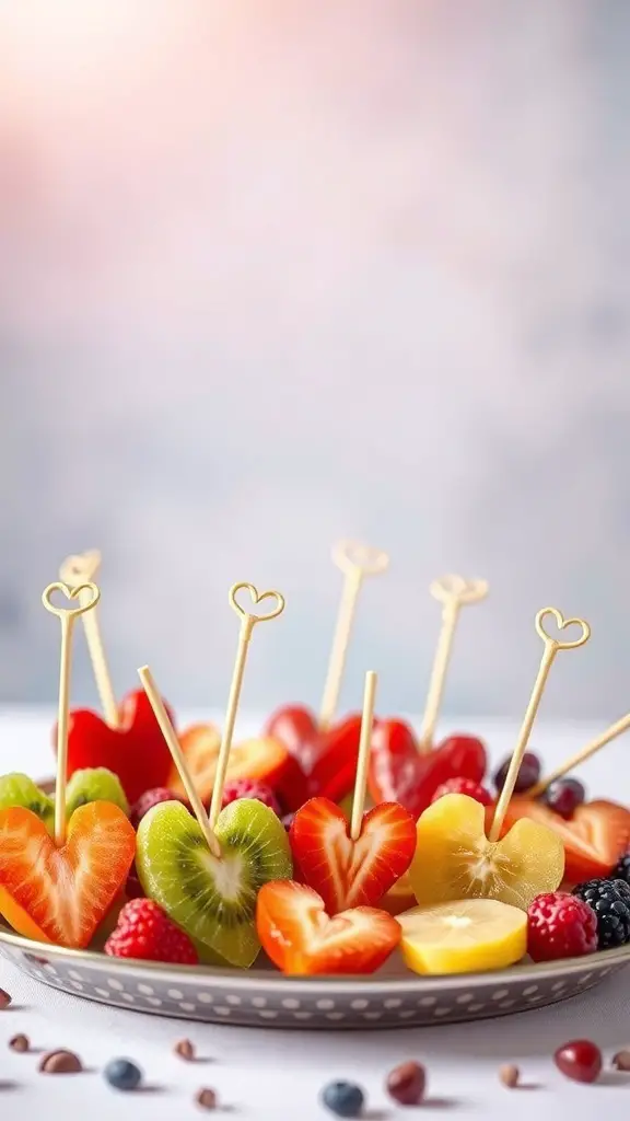 A plate of colorful fruit skewers shaped like hearts, featuring strawberries, kiwis, and other fruits.