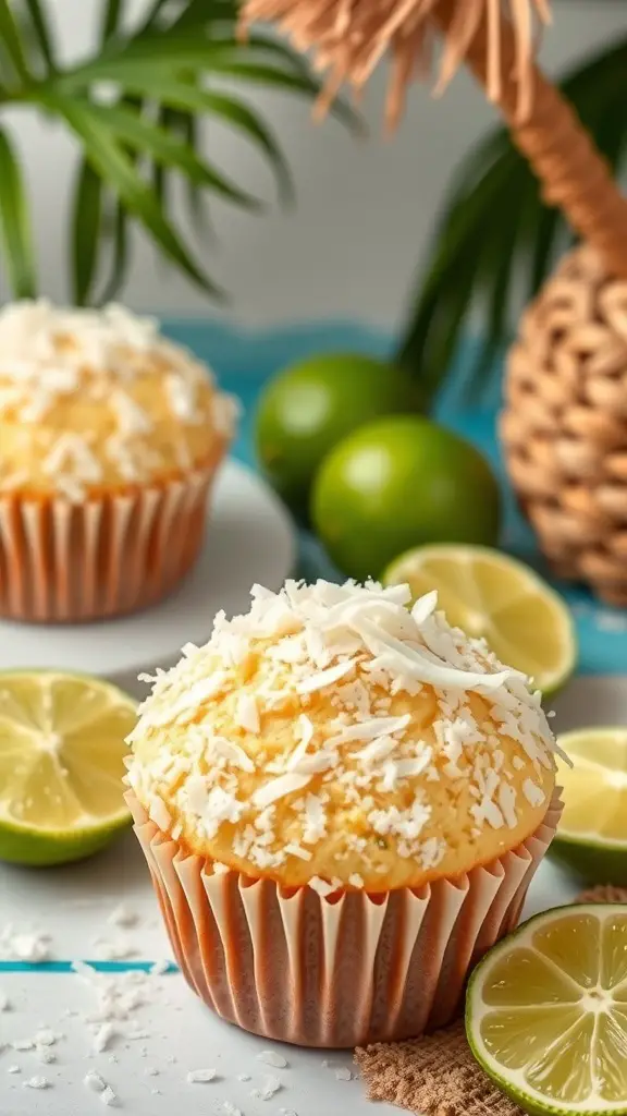 Coconut Lime Muffins with shredded coconut and lime slices