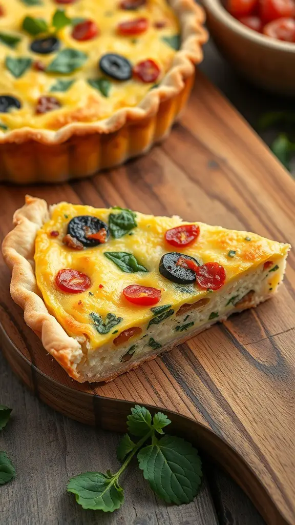 A slice of savory vegetable quiche with a golden crust, topped with olives and cherry tomatoes, placed on a wooden cutting board.