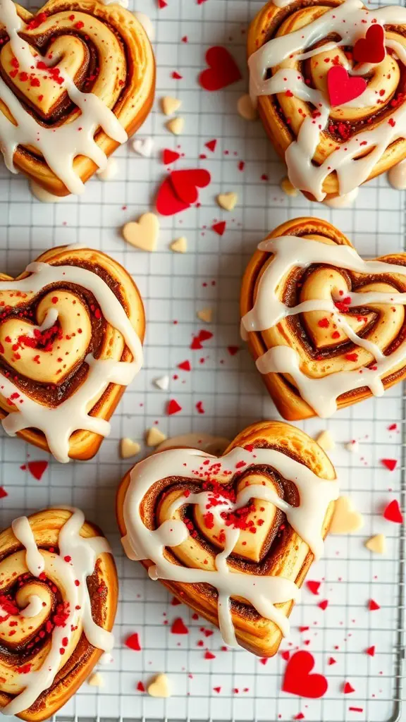 Heart-shaped cinnamon rolls with icing and sprinkles