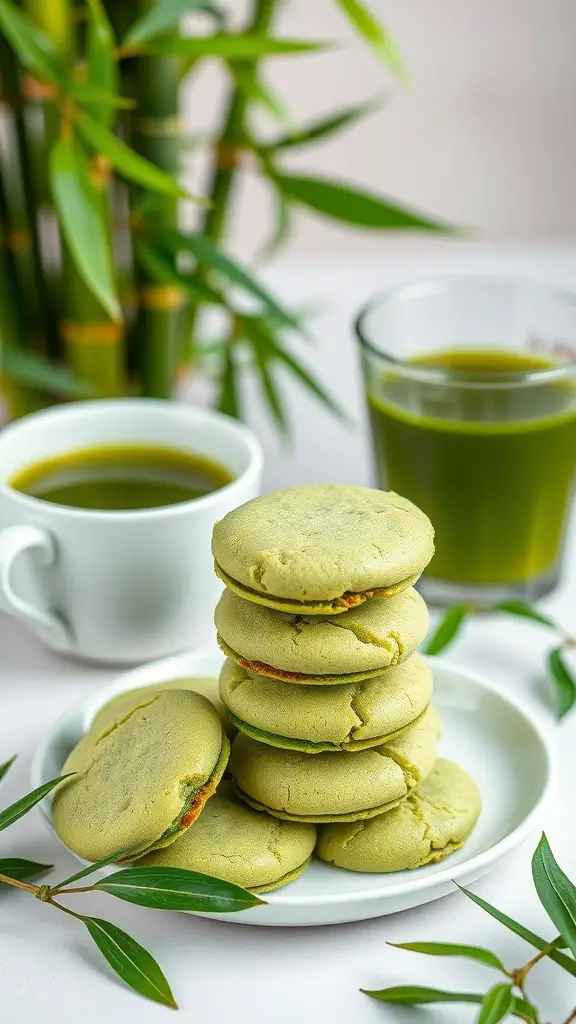 A stack of matcha green tea cookies on a white plate with bamboo leaves and a cup of green tea in the background.