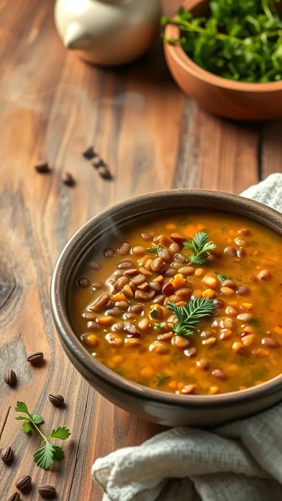 A bowl of lentil soup garnished with fresh herbs on a wooden table.