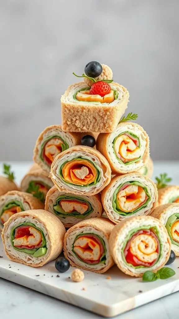 A stack of colorful pinwheel sandwiches made with tortillas, filled with vegetables and cheese.