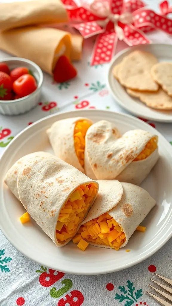 Heart-shaped breakfast burritos filled with cheese, served on a festive table.