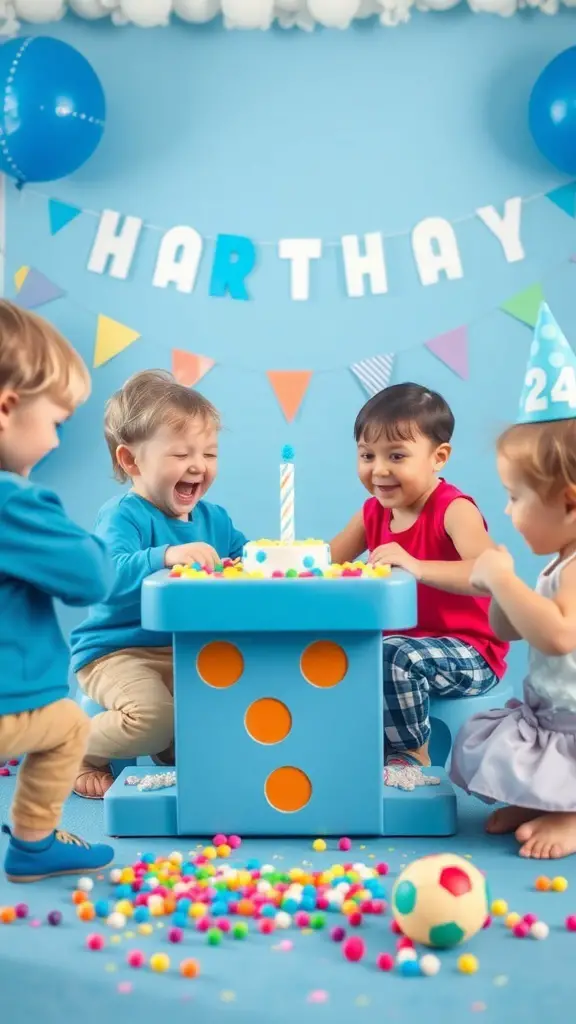Children enjoying a Bluey-themed birthday party with games and decorations.