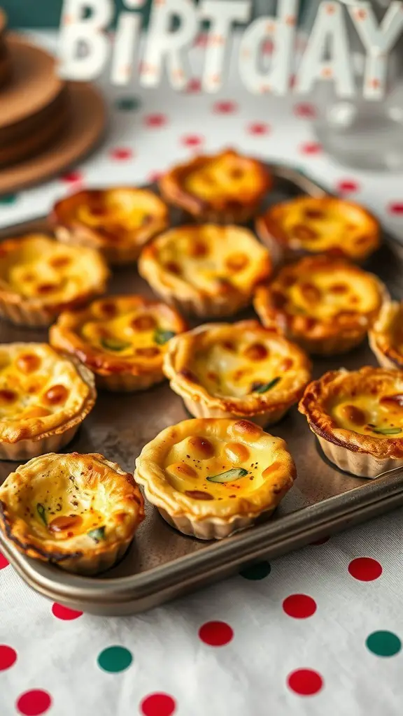 A tray of savory mini quiches on a festive table with a birthday theme.
