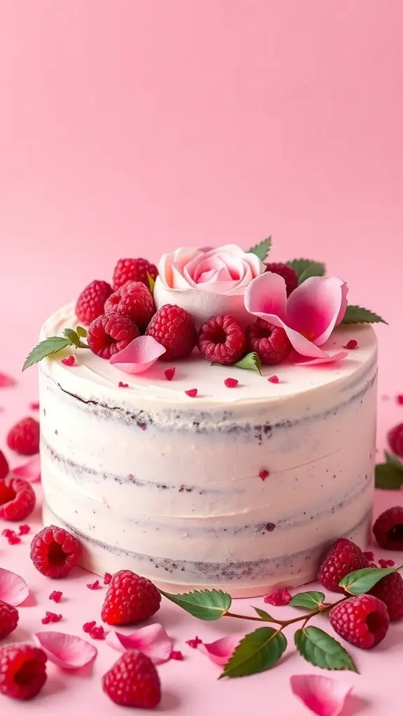 A beautifully decorated Raspberry Rose Cake with fresh raspberries and rose petals on a pink background.