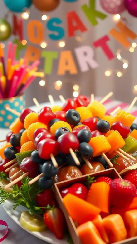 Colorful fruit skewers arranged on a platter, featuring various fruits like strawberries, blueberries, and melon.