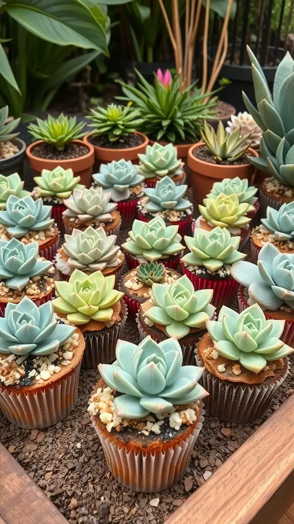 A collection of cupcakes decorated to look like succulents, arranged in a garden setting.