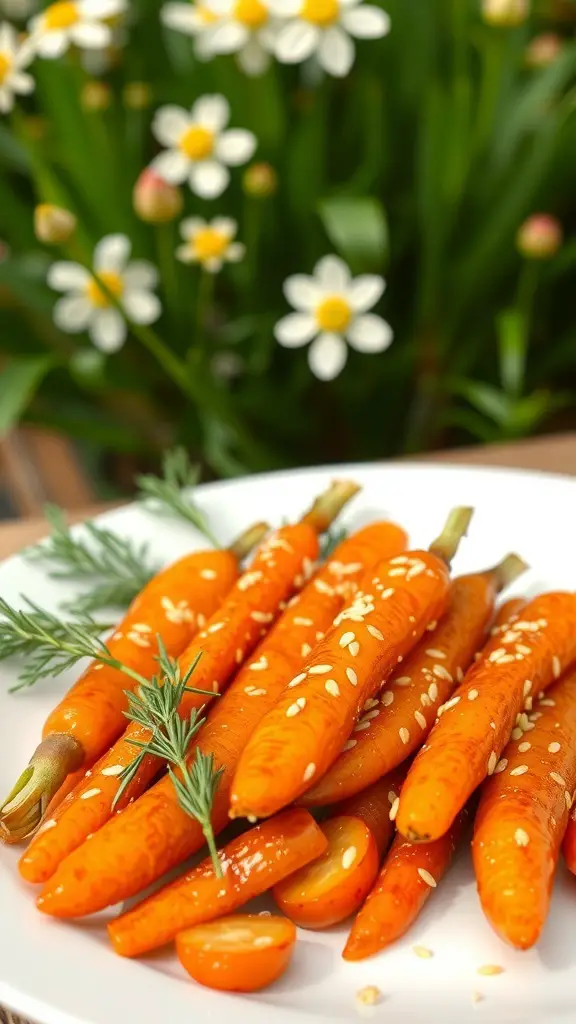 A plate of honey glazed carrots garnished with sesame seeds and herbs, set against a background of flowers.