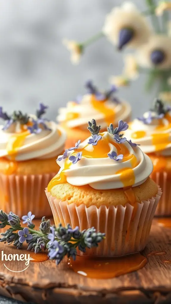 Lavender honey cupcakes with creamy frosting and honey drizzle