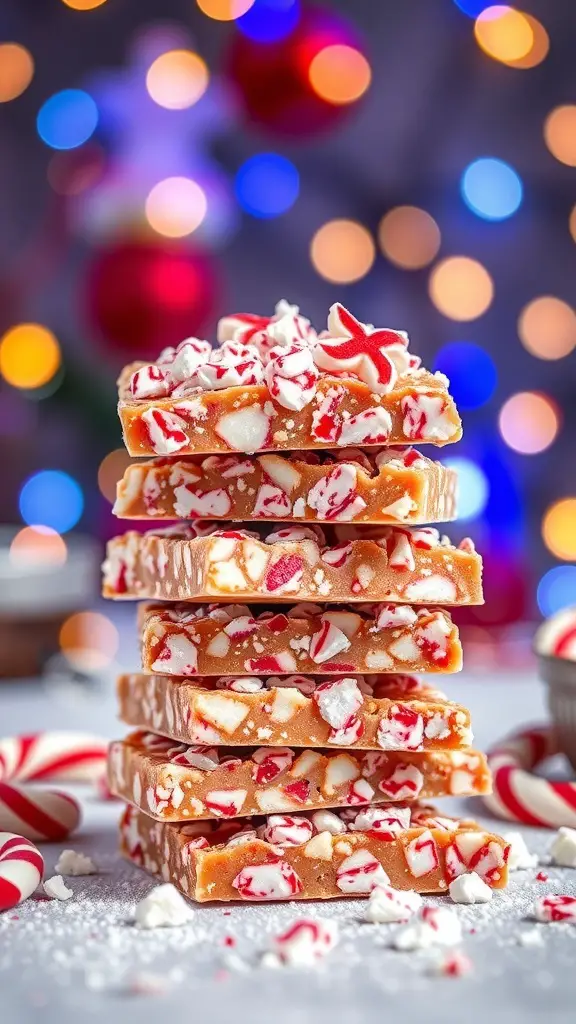 A stack of peppermint bark squares with crushed peppermint on top, surrounded by candy canes and festive decorations.