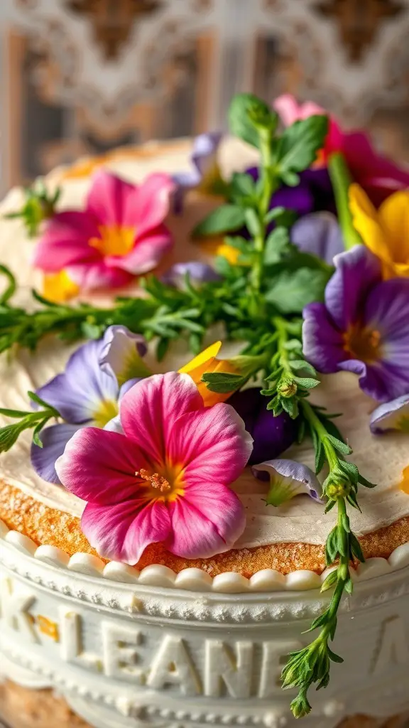 A beautifully decorated spring flower cake with fresh herbs and colorful edible flowers.
