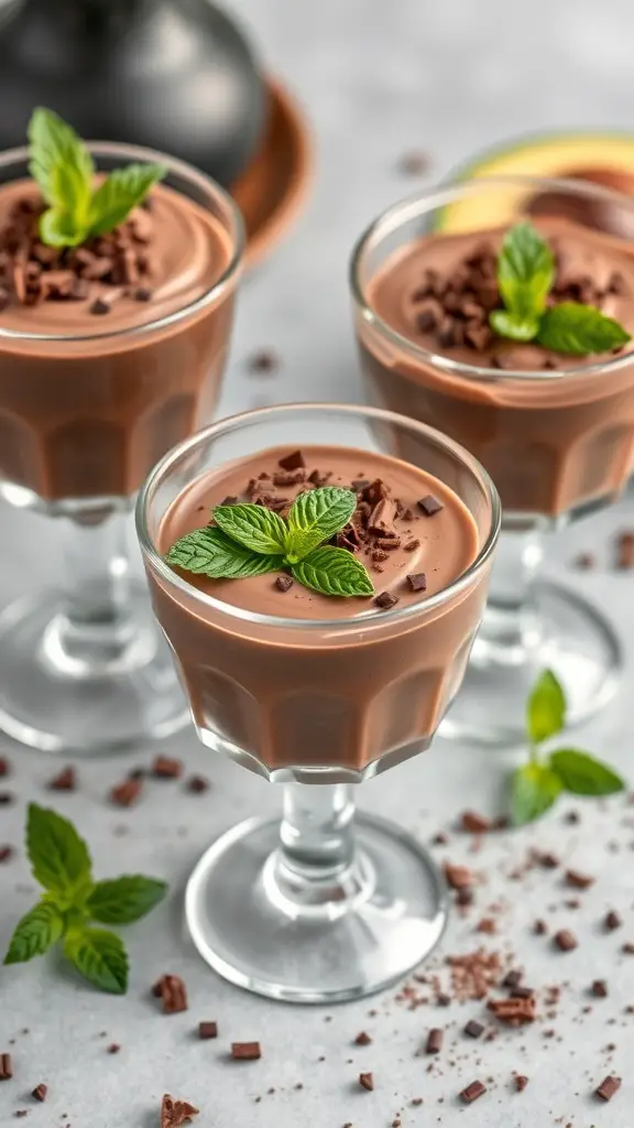 Chocolate avocado mousse in glass cups topped with mint and chocolate shavings