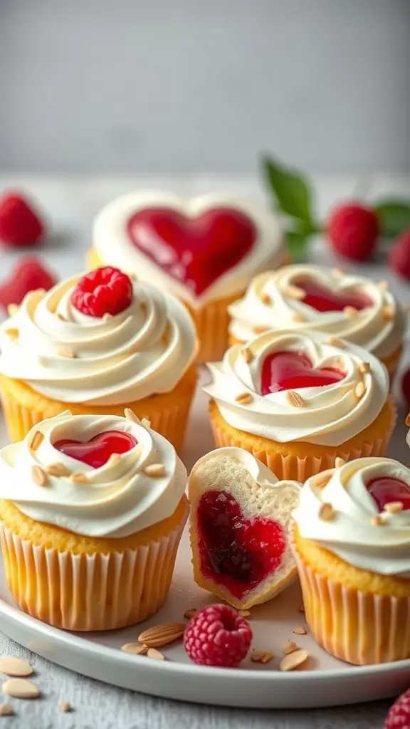 A plate of heart-shaped raspberry almond cupcakes with creamy frosting and raspberry filling.