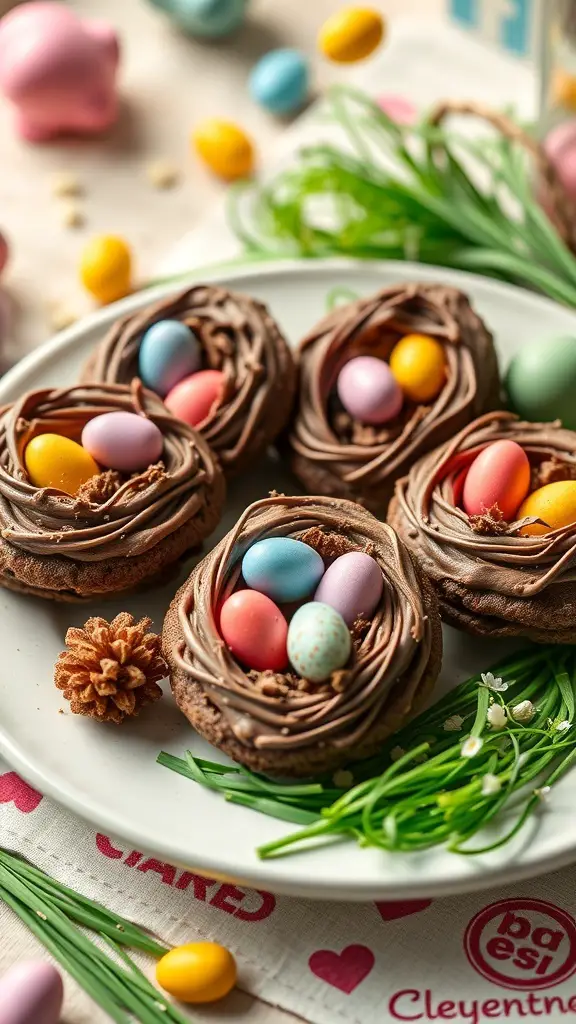 A plate of chocolate egg nest cookies decorated with colorful chocolate eggs.