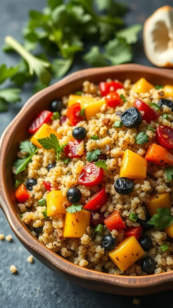 A bowl of quinoa salad with colorful roasted vegetables and herbs.